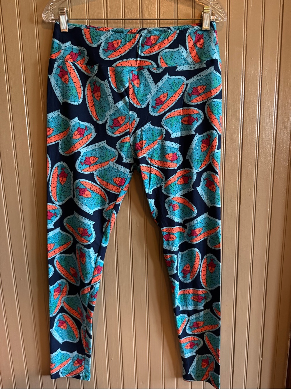 New LuLaRoe Navy Leggings with Teal and Coral fish bowl tall curvy